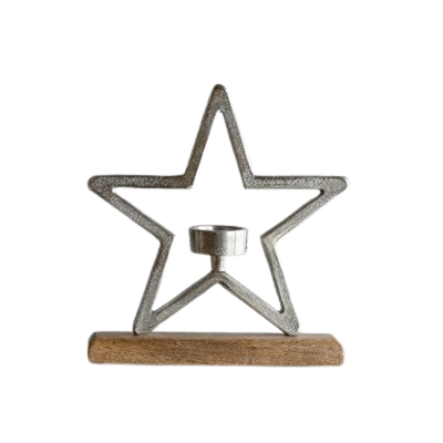 ALUMINIUM WOOD & PILLAR CANDLE HOLDER (NATURAL)